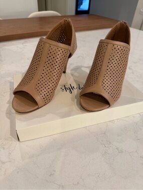 Style & Co. Perforated Peep-Toe Heeled Booties in Tan